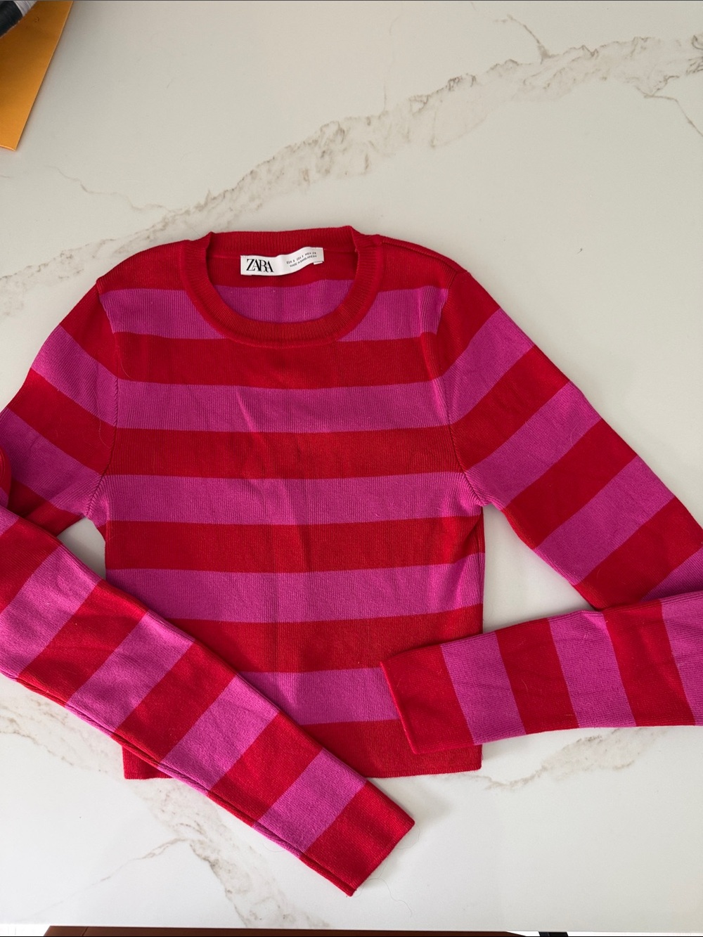 Zara Pink and Red Striped Cropped Knit Sweater